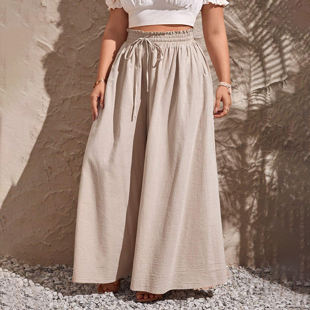 Damen weite Leinenhose mit elastischem Bund und seitlichen Taschen EB