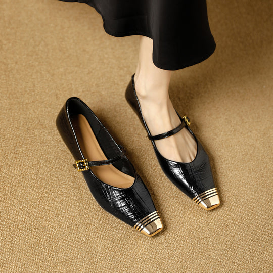 Damen Ballerinas mit elegantem Riemen und stilvollem Blockabsatz EB