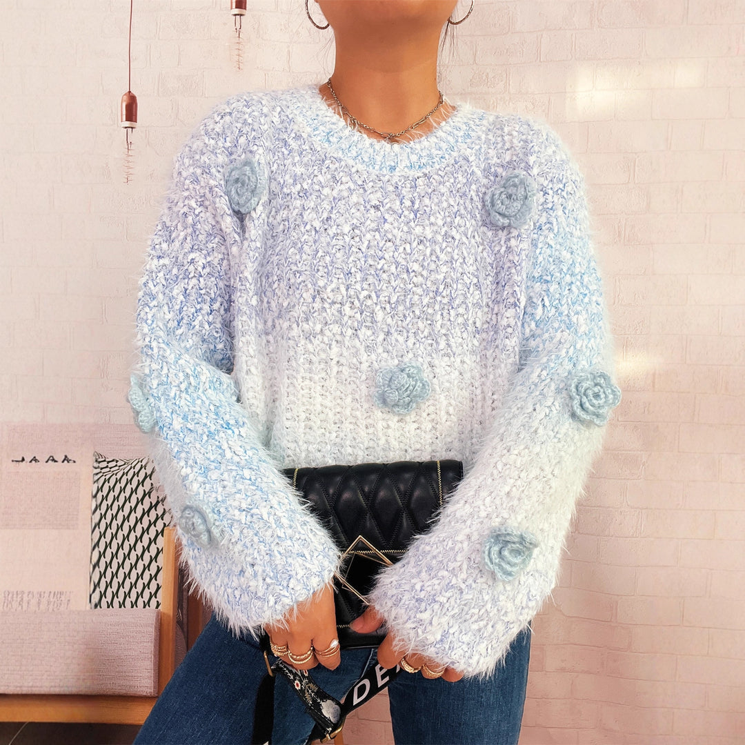 Damen gemütlicher, fluffiger Pullover mit verspielten Blumenapplikationen EB