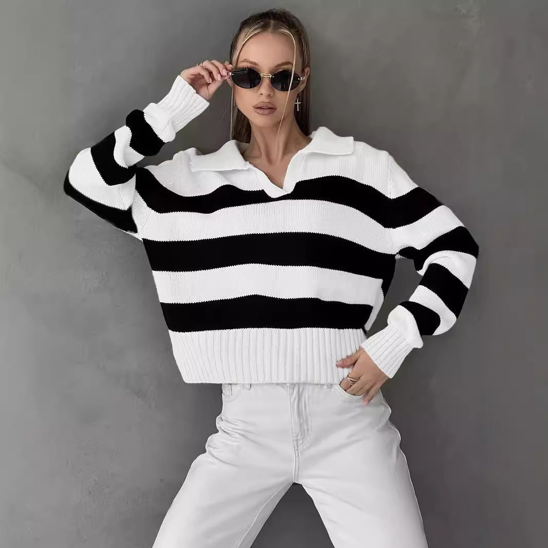 Damen Grob gestrickter Pullover mit breitem Kragen und Blockstreifendesign EB