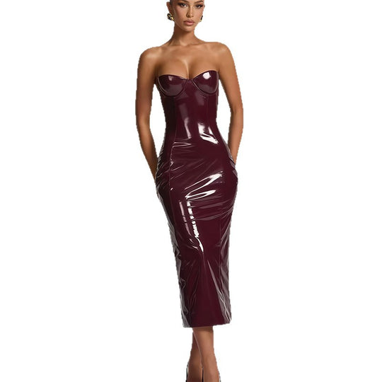 Damen Bodycon-Kleid mit trägerlosem Design und glänzender Oberfläche EB