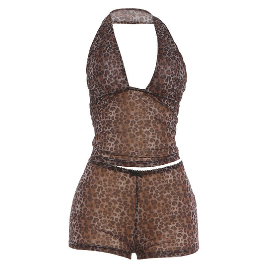Damen lässiger Jumpsuit mit Leopardenmuster und dekorativen Details EB