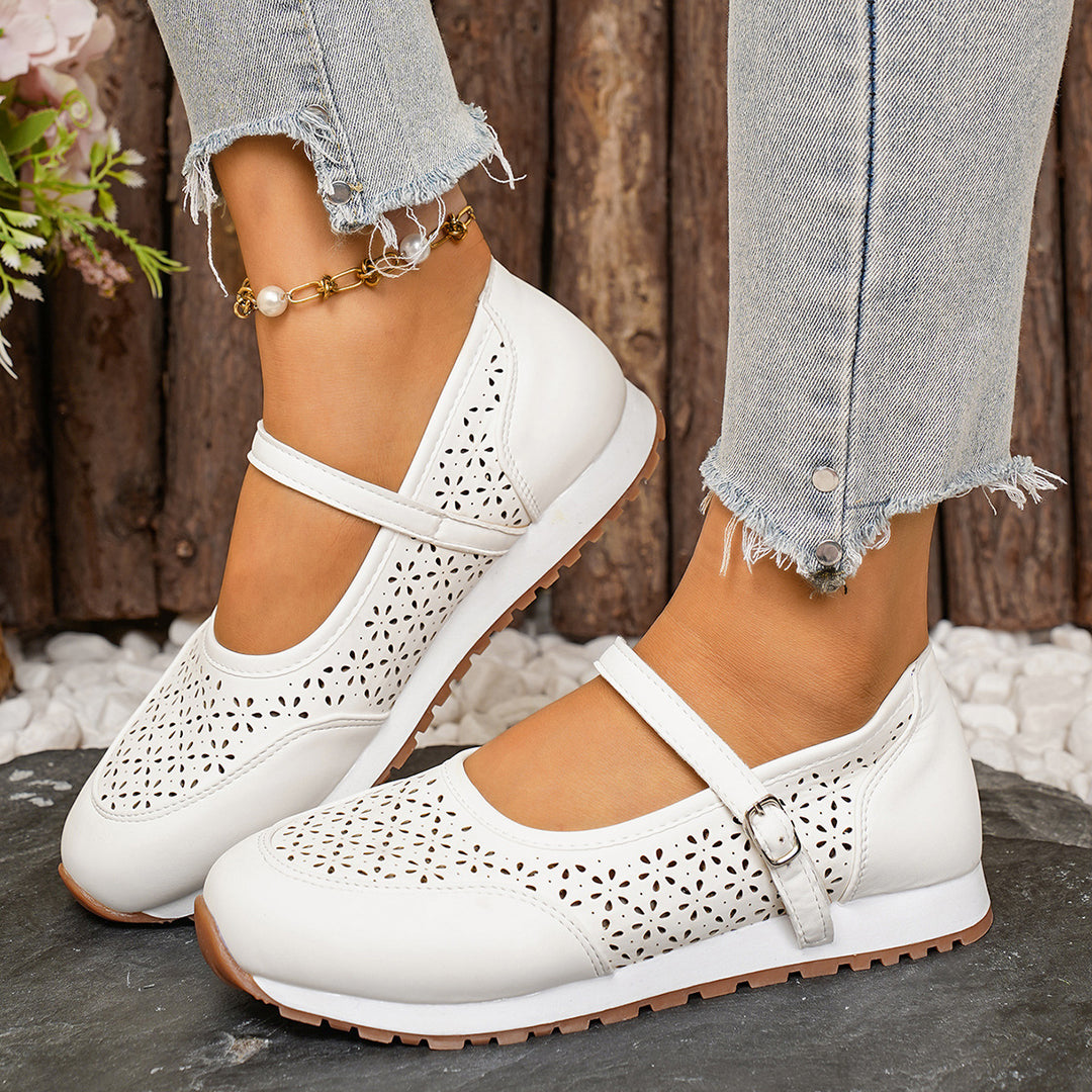 Damen atmungsaktive und elegante Ballerinas mit dekorativem Lochmuster EB