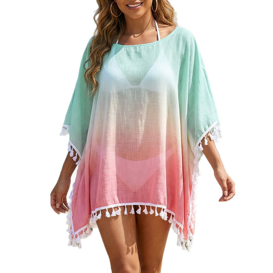 Damen lässiger Strandponcho mit fransigen Akzenten EB