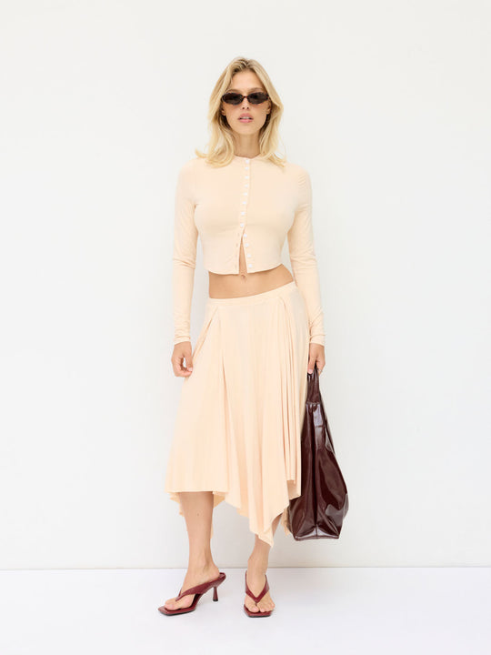 Damen Cropped-Cardigan mit Perlmuttknöpfen und asymmetrischem Zipfel-Midirock EB