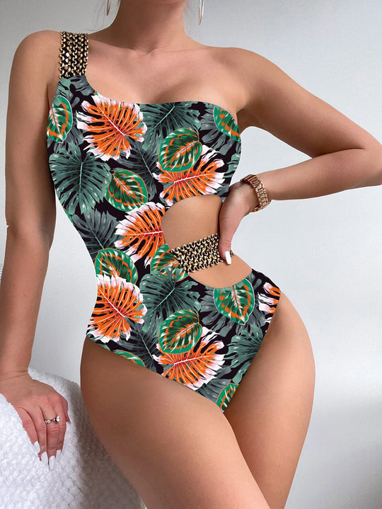 Damen Einteiliger Designer-Badeanzug mit asymmetrischem Schnitt und modischem Trägerriemen EB