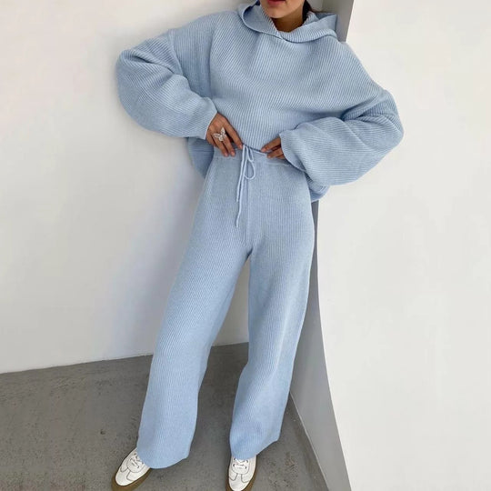 Damen gemütliches Lounge-Set mit Kapuzenpullover, Kängurutasche und weitem Jersey-Hose EB