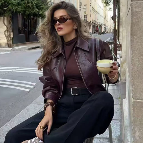 Damen nan klassische Harrington-Kunstlederjacke mit Hemdkragen, durchgehendem Reißverschluss und elastischem Saum EB