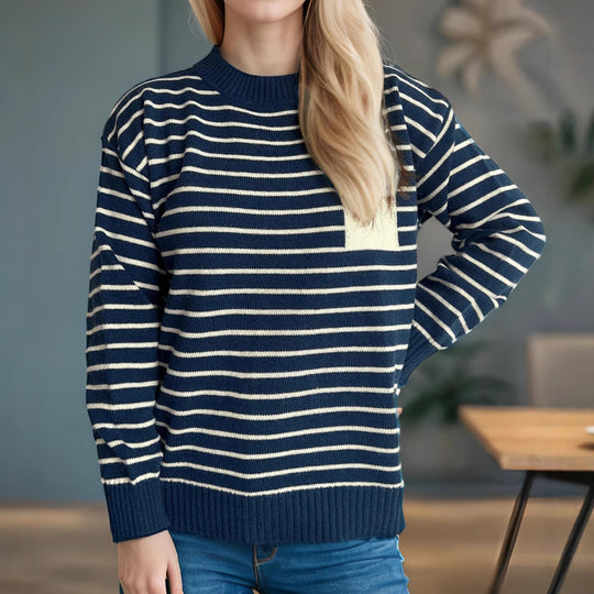 Damen lässiger Strickpullover mit breitem Streifenmuster und überschnittenen Schultern EB