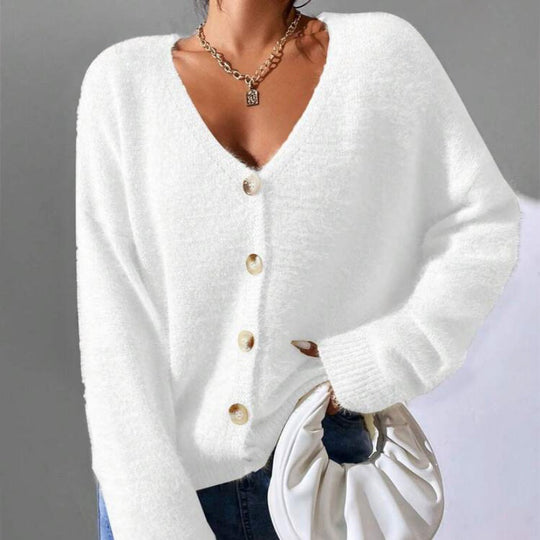 Damen Flauschiger Strick-Cardigan mit goldenen Knöpfen und lässigem Schnitt EB