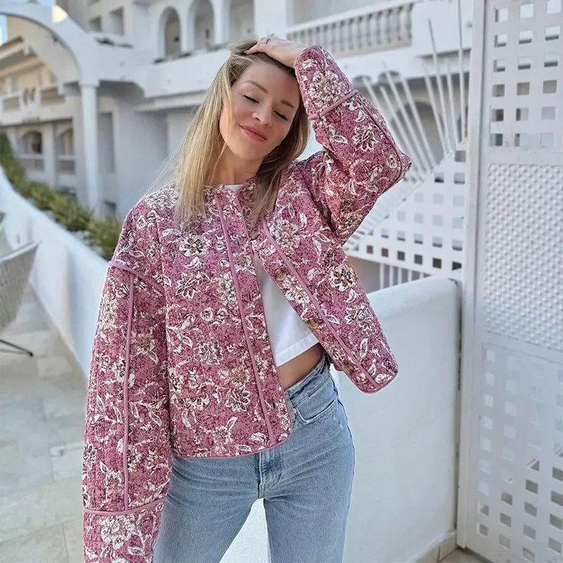 Damen modische Blütenmuster Jacke mit voluminösen Ärmeln EB