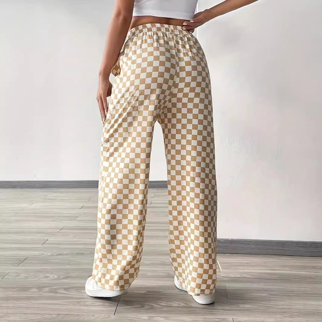 Damen weite Karohose mit elastischem Bund und Bindegurt EB