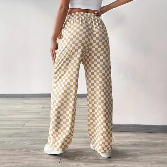 Damen weite Karohose mit elastischem Bund und Bindegurt EB