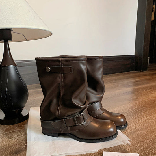 Damen Stiefel mit elegantem Riemenverschluss und modischem Falten-Design EB