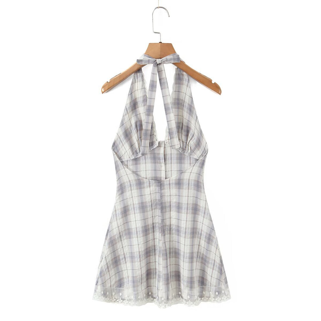 Damen Halterkleid mit floralem Spitzenbesatz und Knopfleiste EB