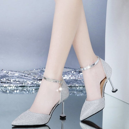 Damen elegante Spitz High Heels mit verstellbarem Knöchelriemen EB