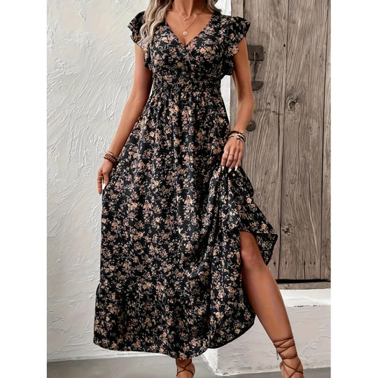 Damen Maxikleid mit floralem Design und voluminösen Ärmeln EB