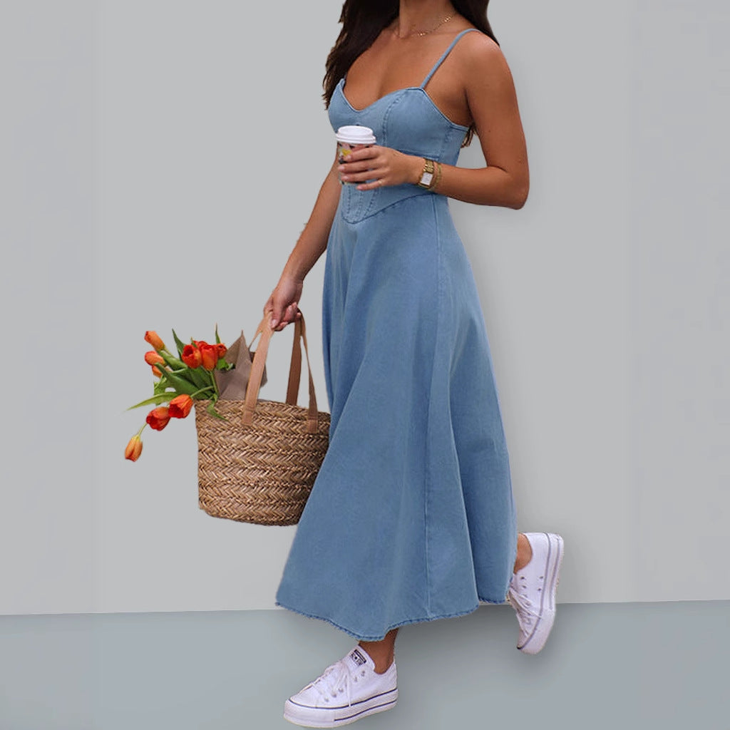 Damen Midikleid mit süßem Herzen-Ausschnitt und verstellbaren Trägern EB