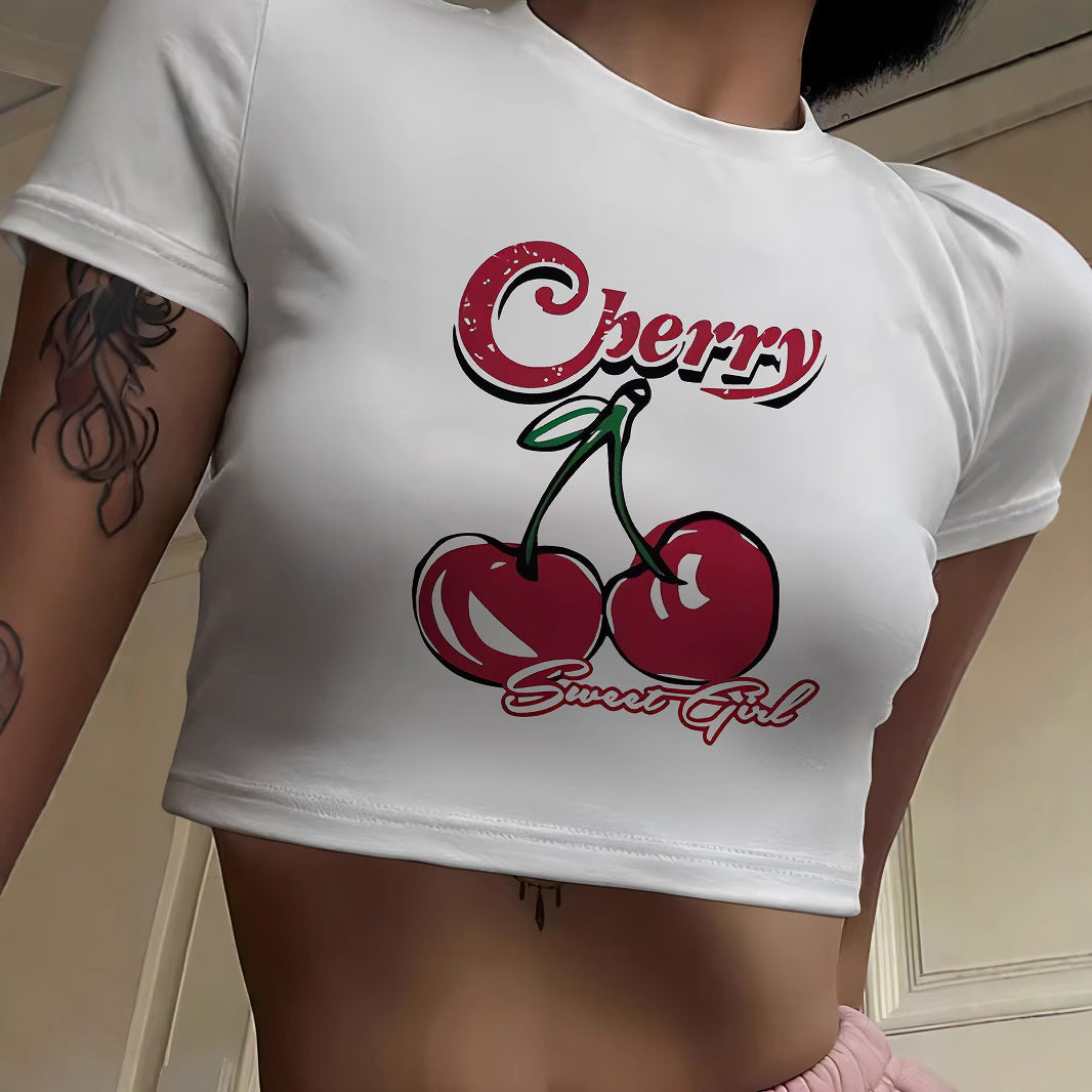 Damen Crop-T-Shirt mit fruchtigem Kirschdesign und lockerem Schnitt EB