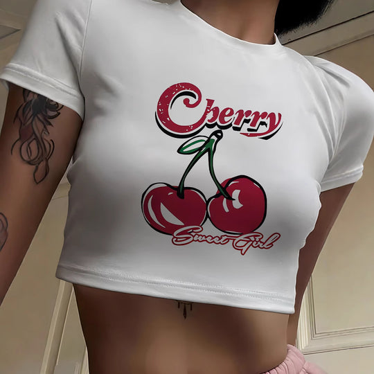 Damen Crop-T-Shirt mit fruchtigem Kirschdesign und lockerem Schnitt EB