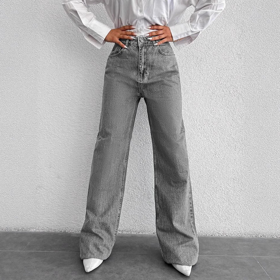 Damen Weite High-Waist Jeans im klassischen Schnitt mit dekorativen Nähten EB