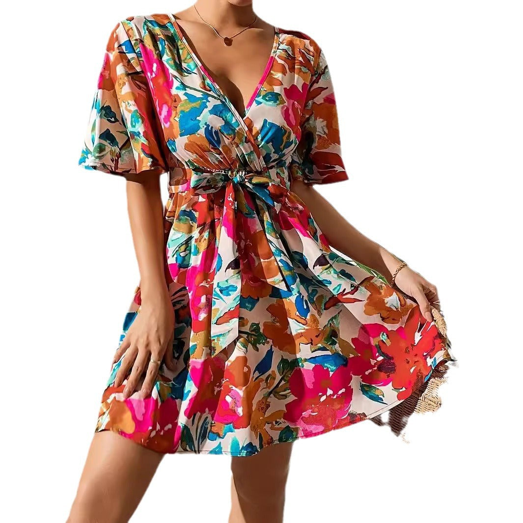 Damen Wickelkleid mit floralem Muster und Taillenknoten EB