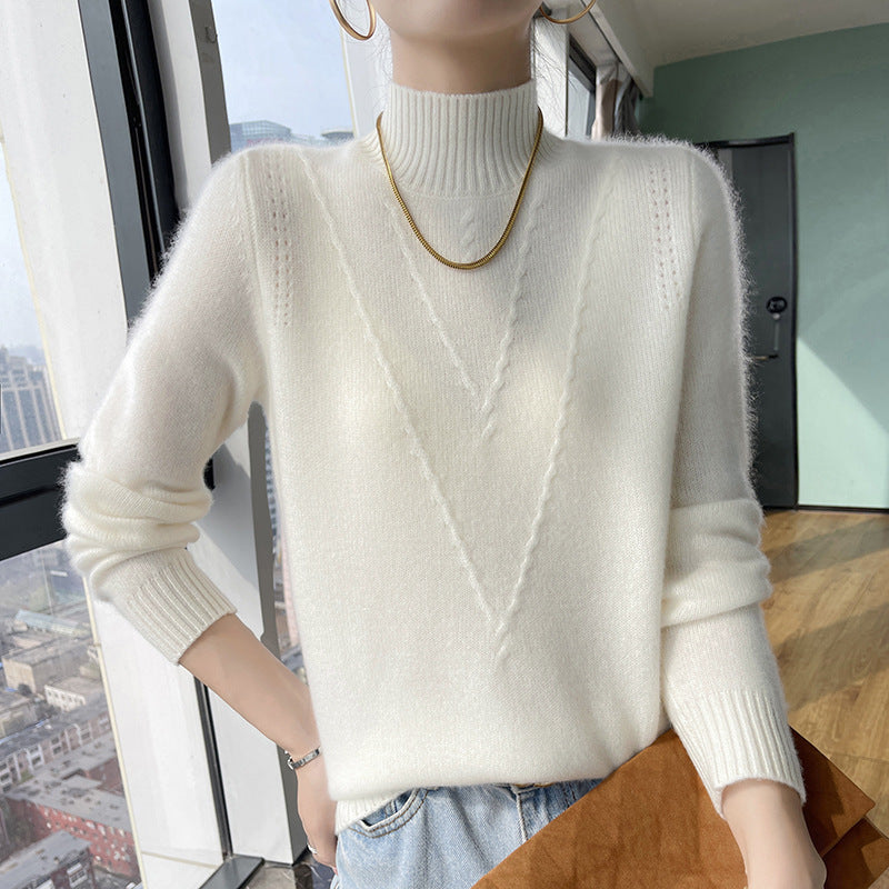 Damen weicher Strickpullover mit hohen Kragen und V-Design EB
