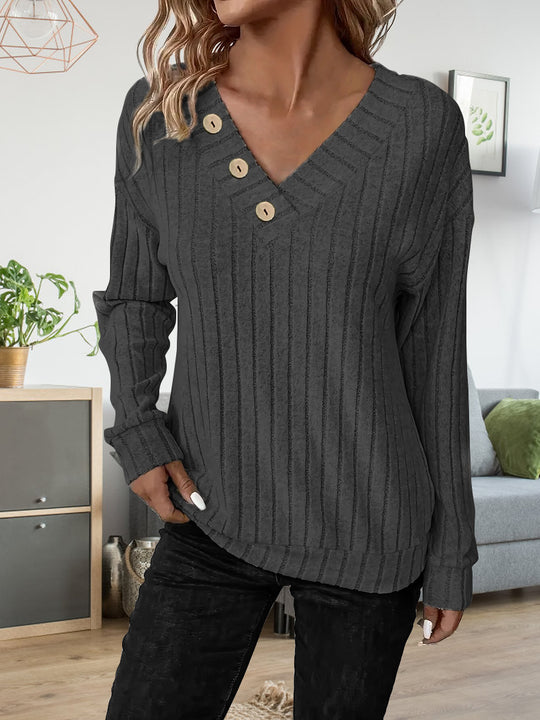 Damen lässiger V-Ausschnitt Pullover mit Knopfdetails und feinem Rippenmuster EB