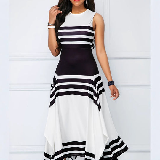 Damen asymmetrisches Maxikleid mit Streifenmuster EB