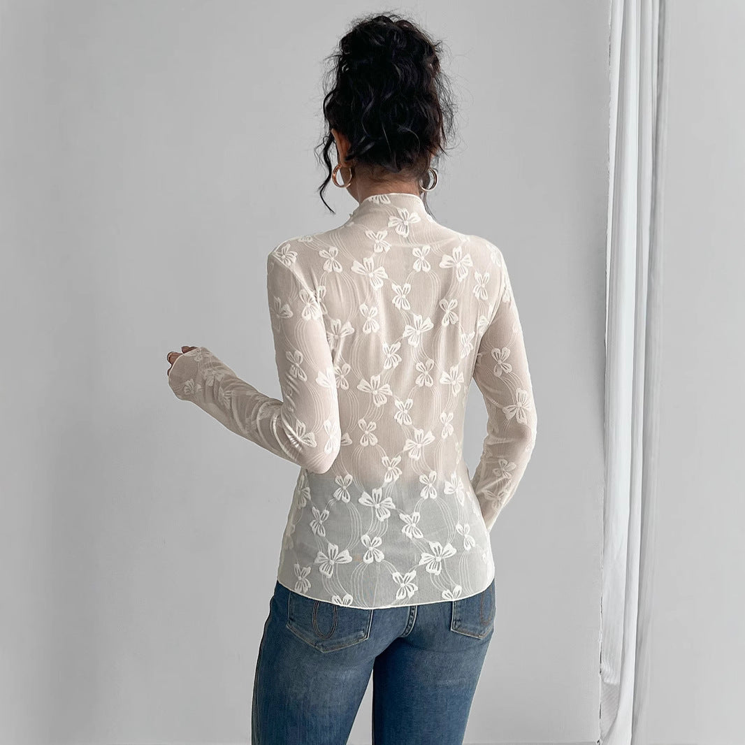 Damen transparenter Bodysuit mit elegantem Blumenmuster und hohem Kragen EB