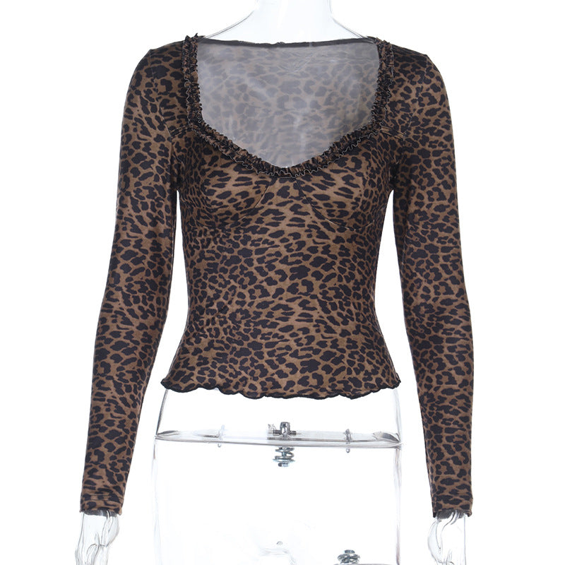 Damen elegantes Leopardenmuster Langarmoberteil EB