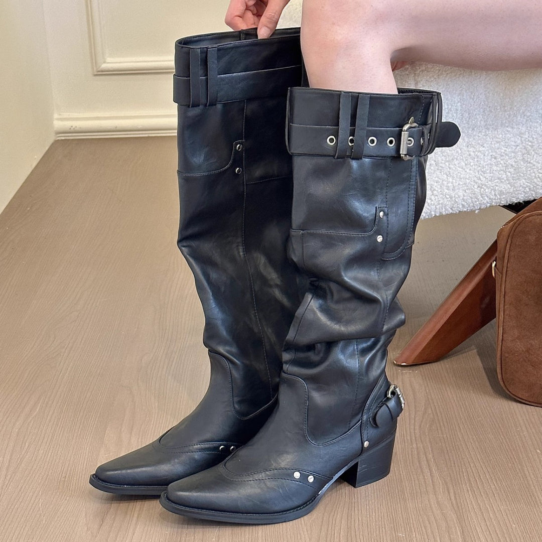 Damen kniehohe Stiefel mit robustem Absatz und stylishen Riemendetails EB