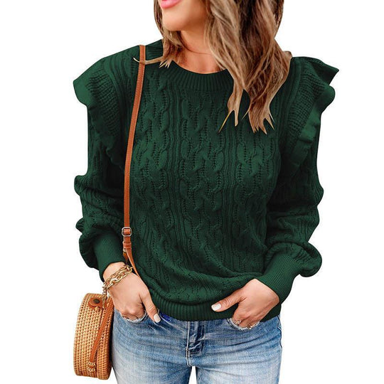 Damen Grobstrickpullover mit Rüschenärmeln und modischem Muster EB