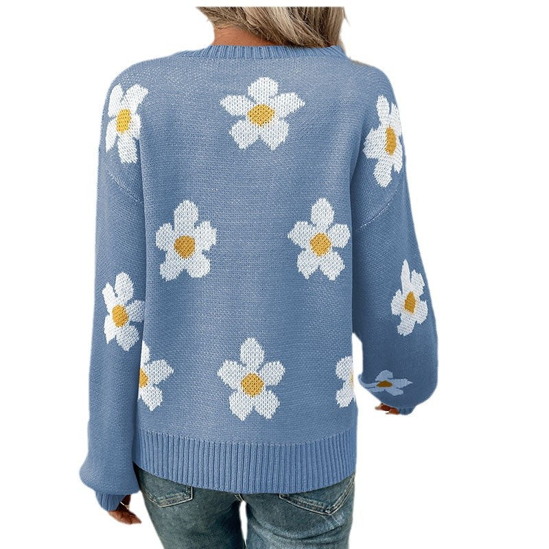 Damen Strickpullover mit floralen Akzenten und weitem Schnitt EB