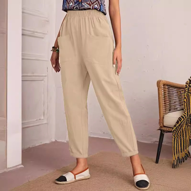 Damen Trendige Leinenhose mit elastischem Bund und praktischen Taschen EB