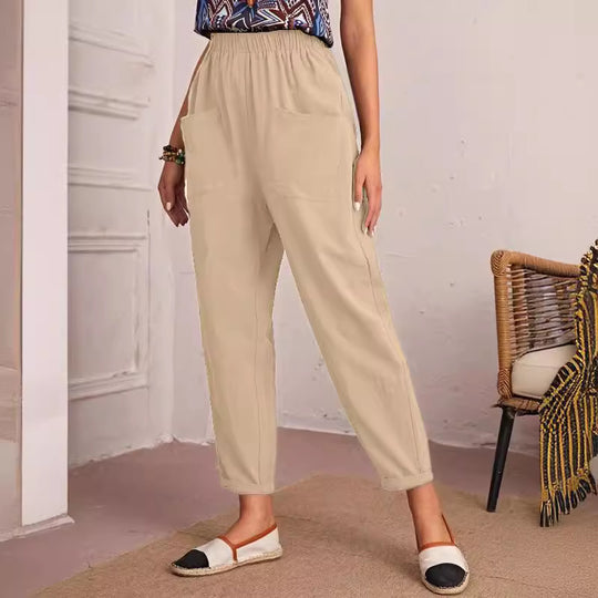 Damen Trendige Leinenhose mit elastischem Bund und praktischen Taschen EB
