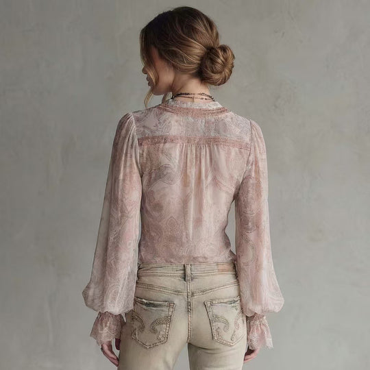 Damen transparente Bluse mit voluminösen Ärmeln und modernem Muster EB
