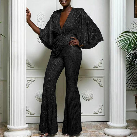 Damen Glamouröser Jumpsuit mit funkelnden Pailletten und weitem Bein EB
