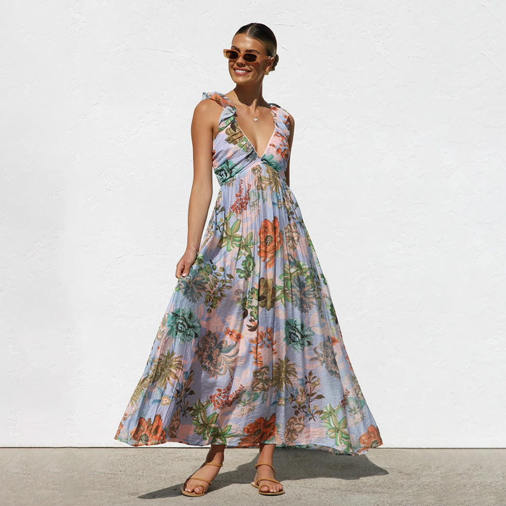 Damen Maxikleid mit Volantärmel und floralem Design EB