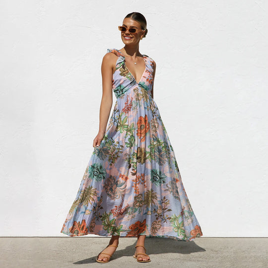 Damen Maxikleid mit Volantärmel und floralem Design EB