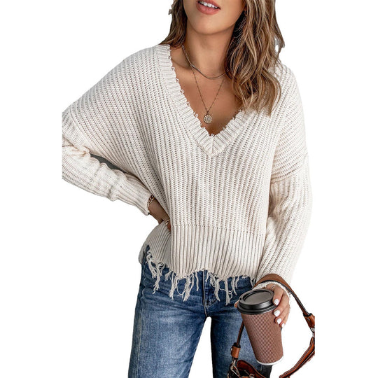 Damen lässiger V-Ausschnitt Pullover mit Fransen und strukturierter Strickoptik EB