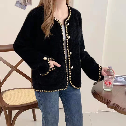 Damen Elegante Strickjacke mit dekorativen Perlenknöpfen und feiner Struktur EB