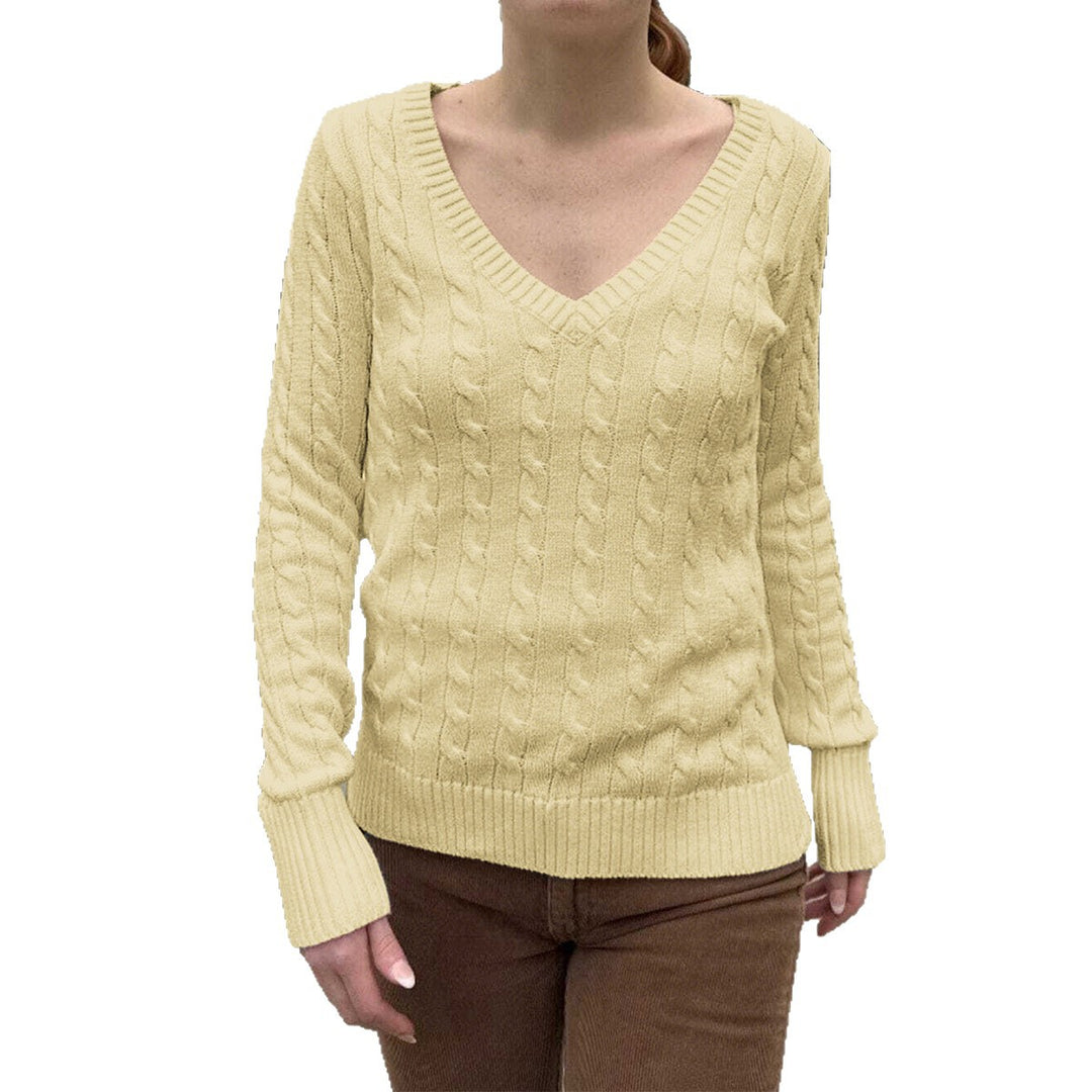 Damen nan Feinstrickpullover mit Zopfmuster, tiefem V‑Ausschnitt und schmaler Bundpassform EB