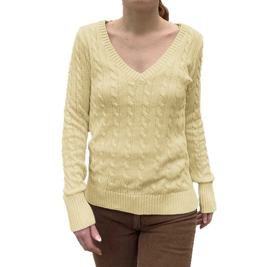 Damen nan Feinstrickpullover mit Zopfmuster, tiefem V‑Ausschnitt und schmaler Bundpassform EB