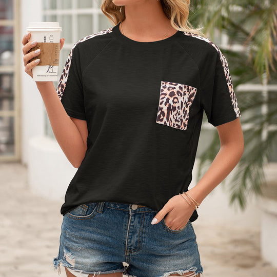 Damen lässiges T-Shirt mit modischem Tierdruck und praktischem Brusttaschen-Design EB