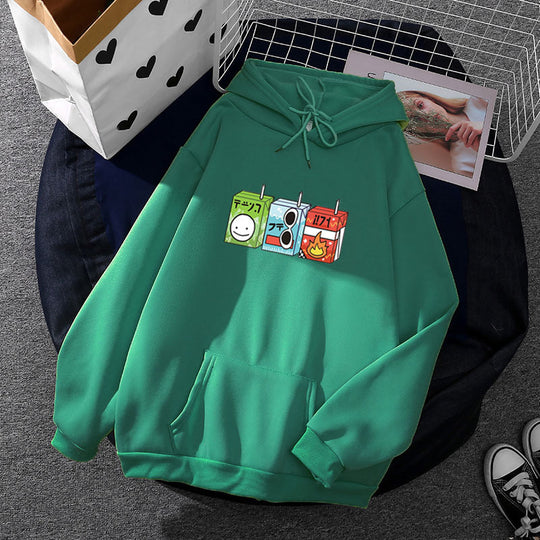 Damen nan oversized Kapuzenpullover mit Cartoon-Getränkekarton-Print, Kängurutasche und weichem Innenfutter EB