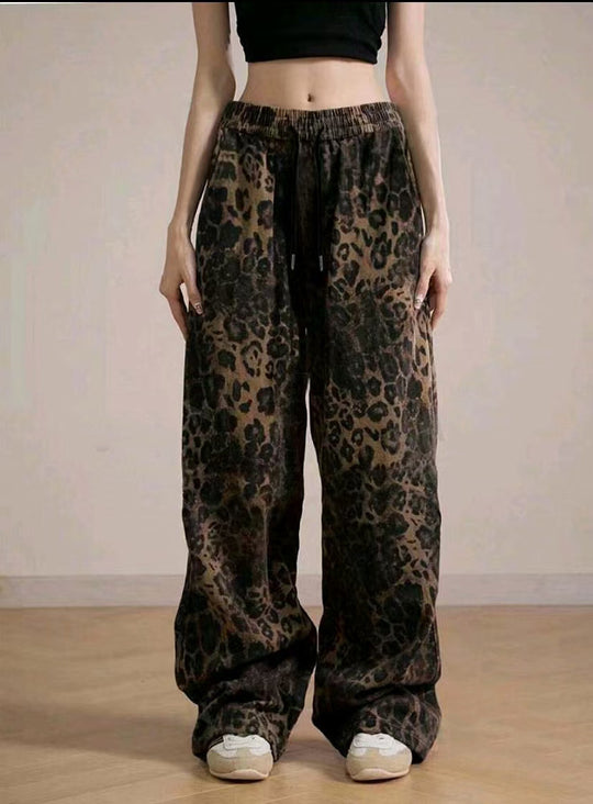 Damen Weit geschnittene Leinenhose mit Leopardenmuster EB