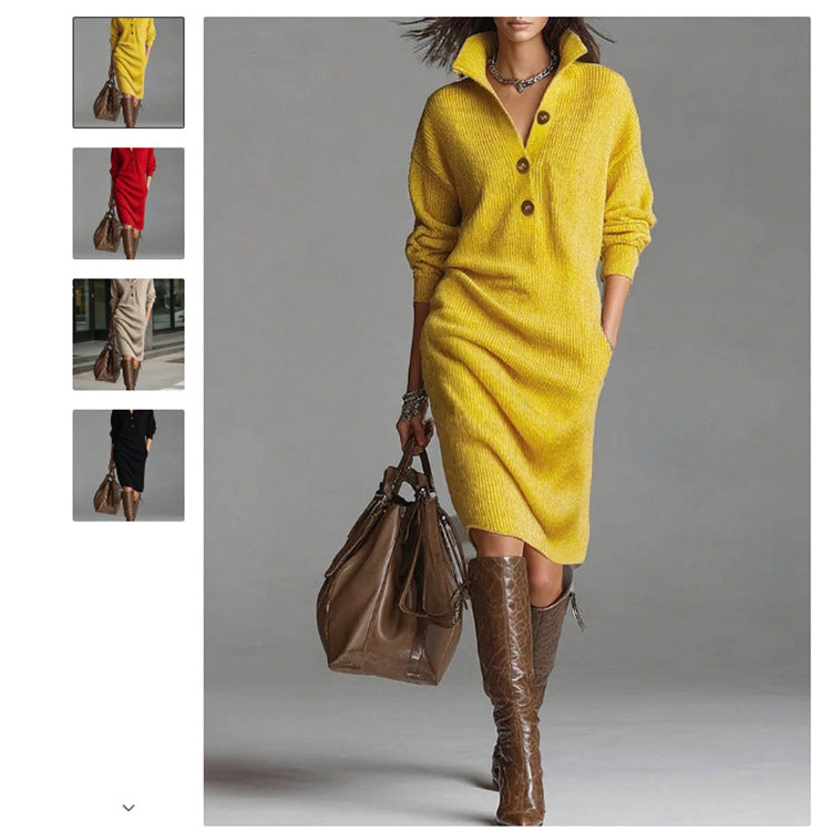 Damen nan gestricktes Pulloverkleid mit Polokragen, Eingrifftaschen und lässiger Passform EB
