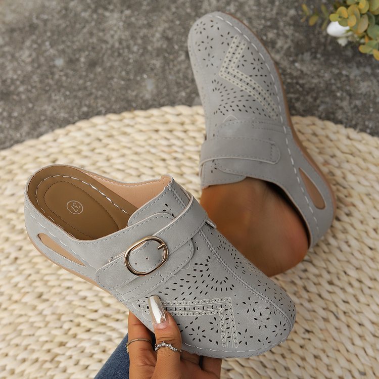 Damen Atmungsaktive Lederimitat-Mules mit ergonomischem Komfortfußbett und Zierschnitt EB