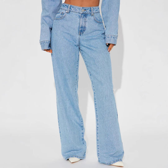 Damen nan hochgeschnittene Weitbein-Jeans mit taillierendem Bund, klassischem Five‑Pocket‑Schnitt und fließendem Bein EB